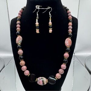 Rhodonite and Black Onyx Beaded Necklace and Earring Set